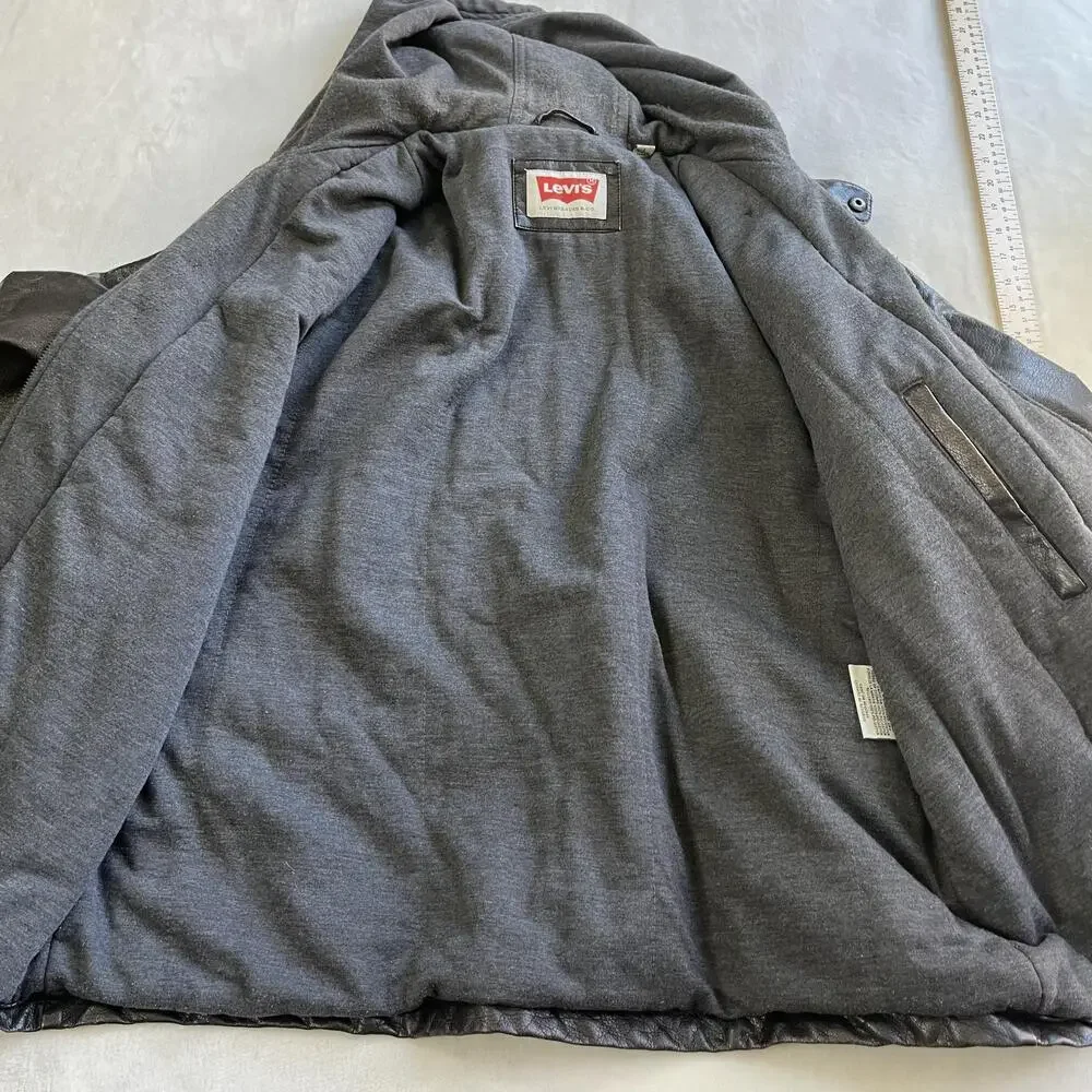 Levi's Jacket Mens Large Black Faux Leather Hooded Lined Biker Motorcycle READ